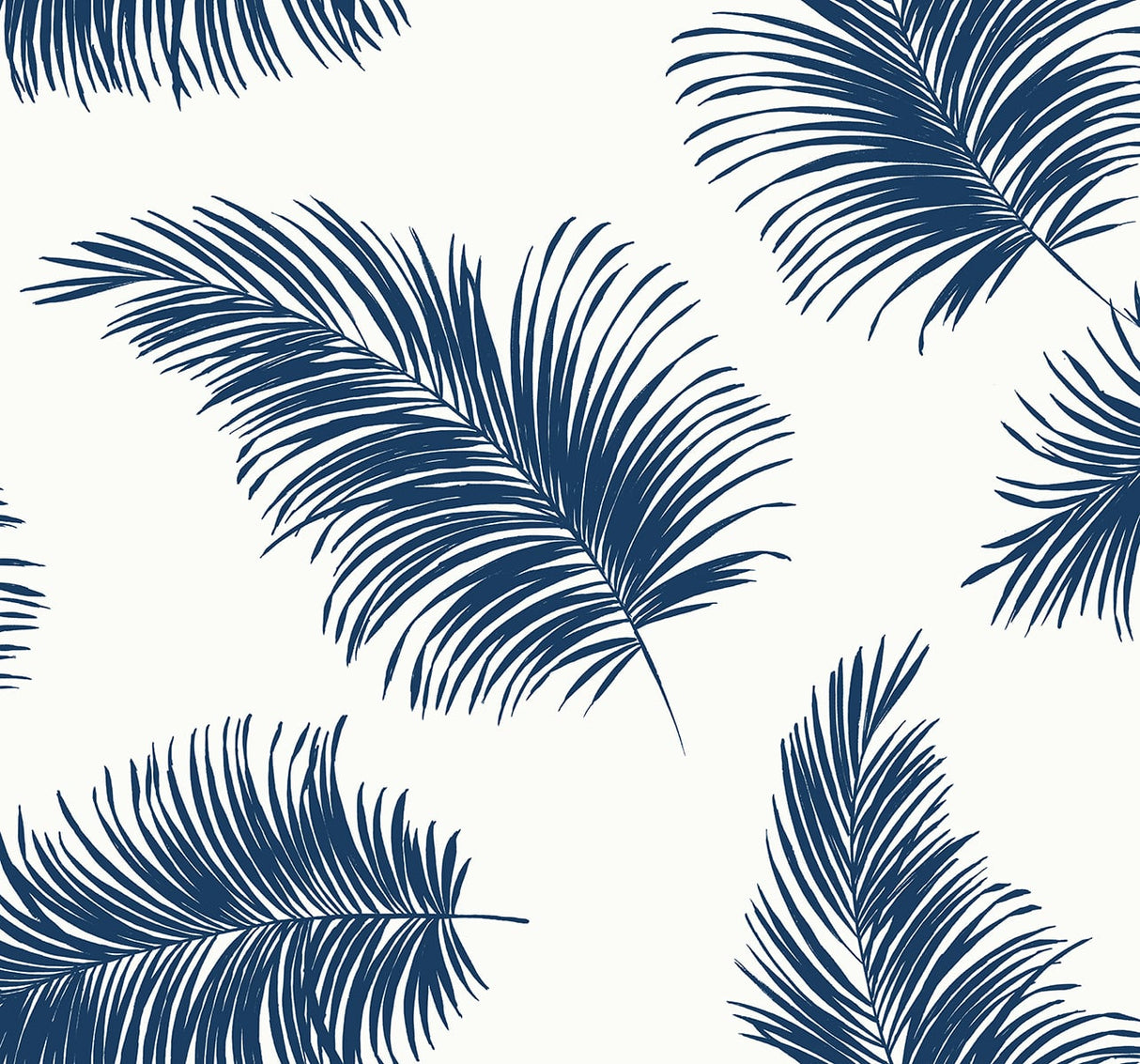 White peel and stick wallpaper with tossed navy palm fronds
