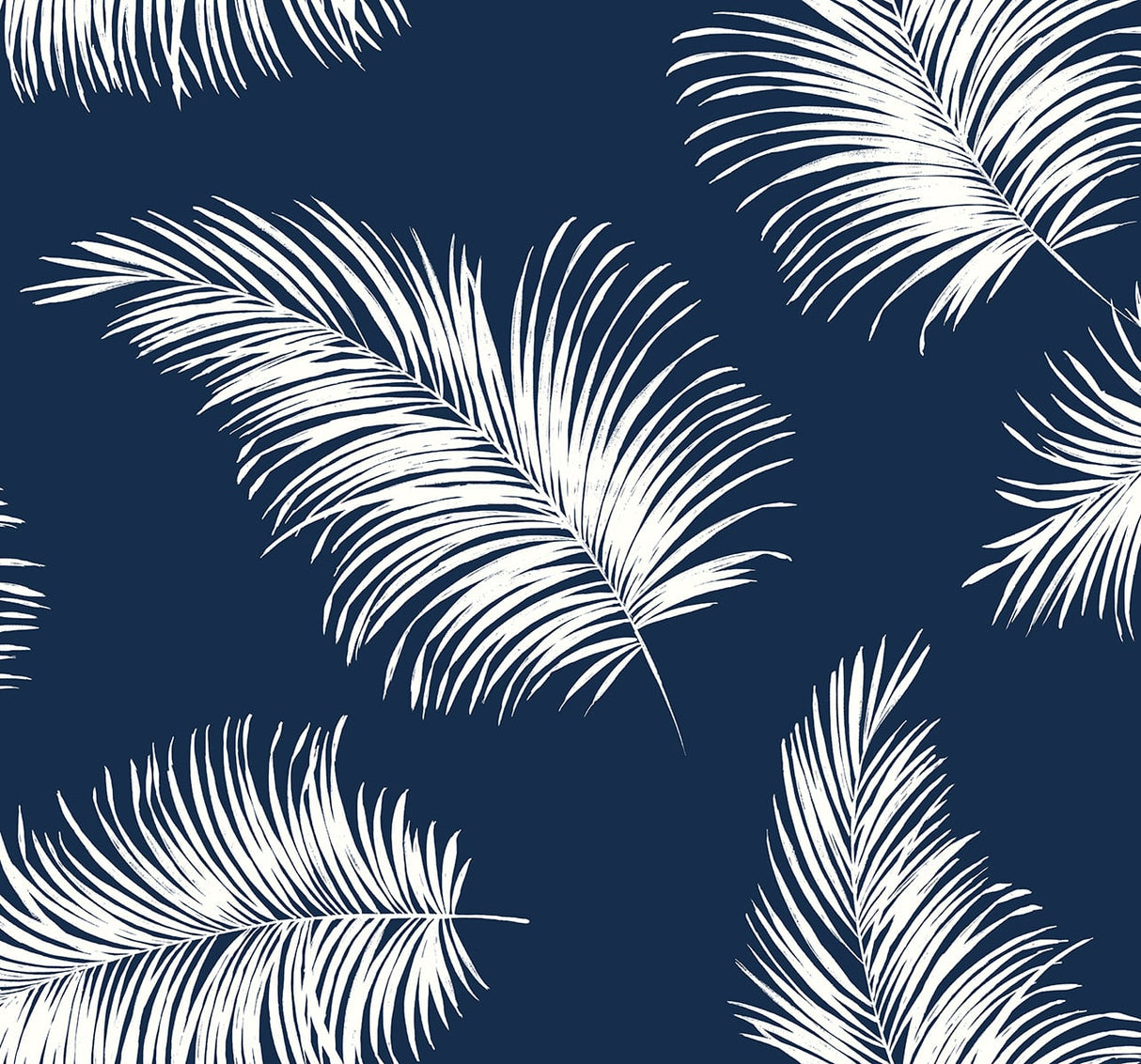 Navy blue peel and stick wallpaper with white tossed palm fronds (Tossed Palm pattern).