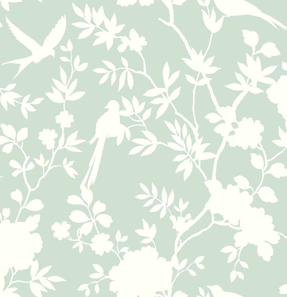 Mono Toile peel and stick wallpaper in Seaglass with white chinoiserie-inspired floral and bird silhouettes.