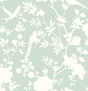 Mono Toile peel and stick wallpaper in Seaglass with white chinoiserie-inspired floral and bird silhouettes.