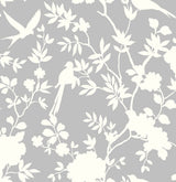Mono Toile Harbor Mist grey and white chinoiserie birds and floral peel and stick wallpaper