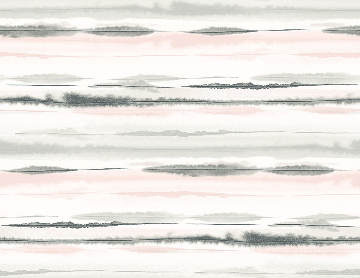 Horizon Stripe peel and stick striped wallpaper in Pink Sunset (pink, gray, and white watercolor stripes).