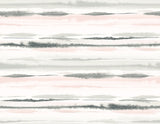 Horizon Stripe peel and stick striped wallpaper in Pink Sunset (pink, gray, and white watercolor stripes).