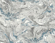 Faux marble peel and stick wallpaper in blue, gray and white with a swirling stone effect