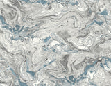 Faux marble peel and stick wallpaper in blue, gray and white with a swirling stone effect