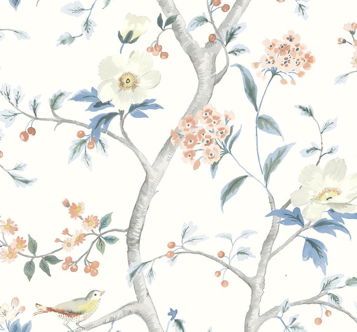 Floral Trail peel and stick wallpaper with chinoiserie-inspired branches, blossoms, and birds in melon and Carolina blue on a light ground.