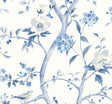 Floral Trail Bluestone chinoiserie floral branch and bird peel and stick wallpaper in blue on a light ground