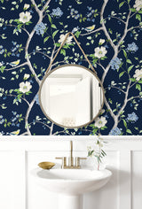 Floral Trail Navy Blue & Spring Green by Lillian August Peel and Stick Chinoiserie Wallpaper – Lillian August LN21312