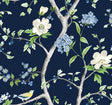 Floral Trail peel and stick wallpaper in navy blue with spring green branches, white and blue flowers, and small birds