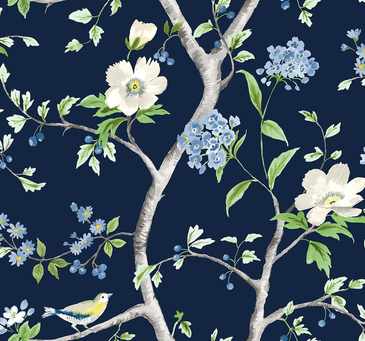 Floral Trail peel and stick wallpaper in navy blue with spring green branches, white and blue flowers, and small birds