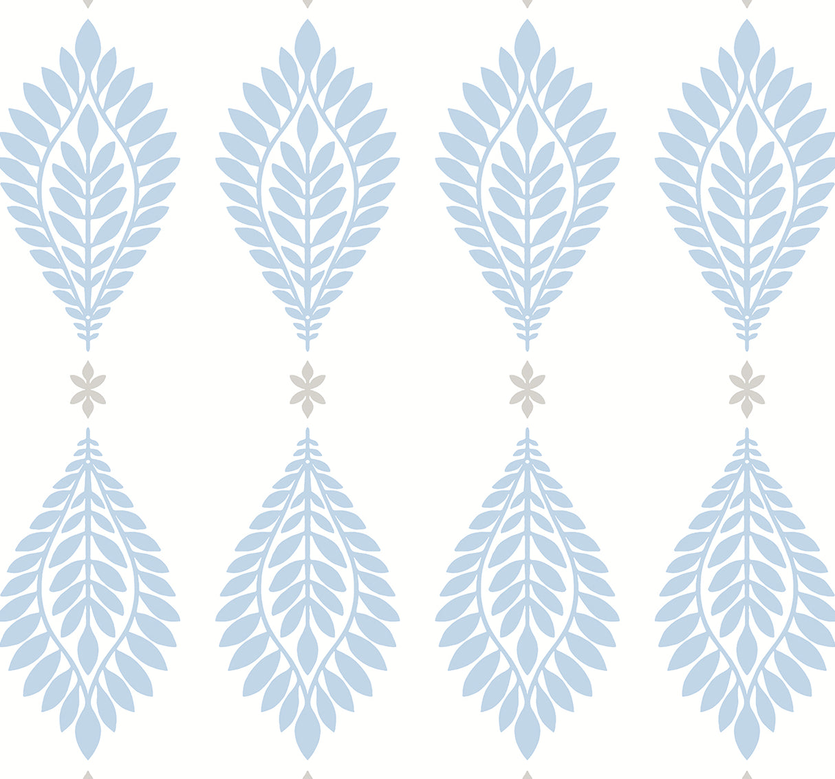 Palm Frond peel and stick wallpaper in Blue Skies and Daydream Grey with stylized palm frond motifs