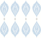 Palm Frond peel and stick wallpaper in Blue Skies and Daydream Grey with stylized palm frond motifs