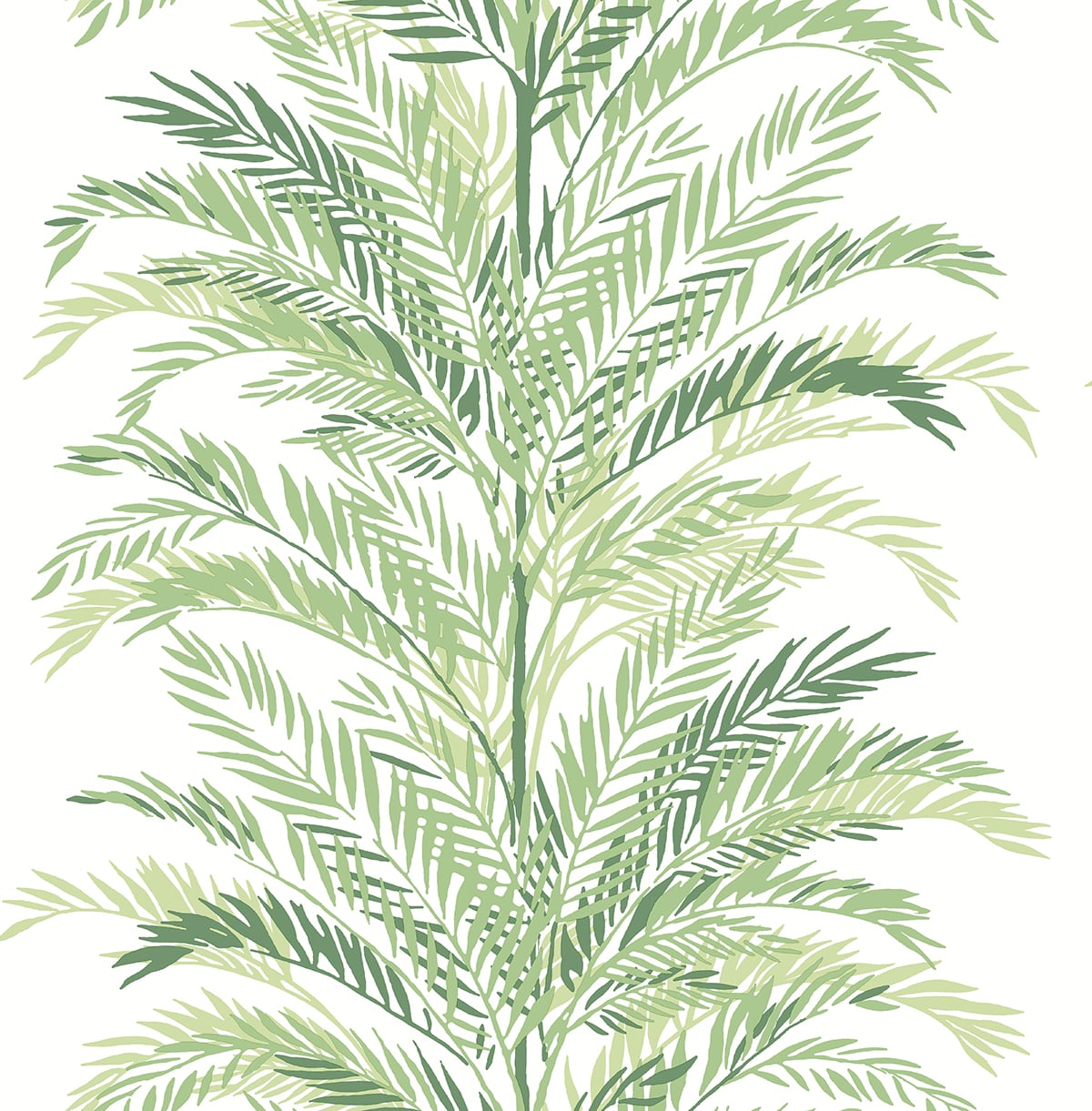 Keana Palm peel and stick wallpaper in Paradise Green with layered palm fronds on a white background