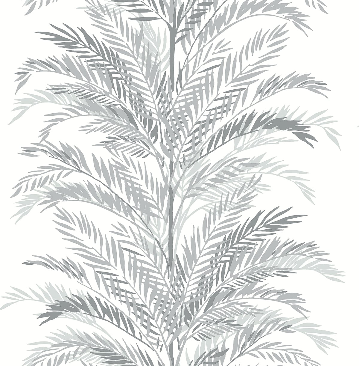 Keana Palm peel and stick wallpaper in Harbor Mist with layered palm fronds in soft grey tones
