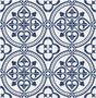 Denim blue and white Villa Mar Tile peel and stick wallpaper with a Mediterranean-inspired circular tile motif