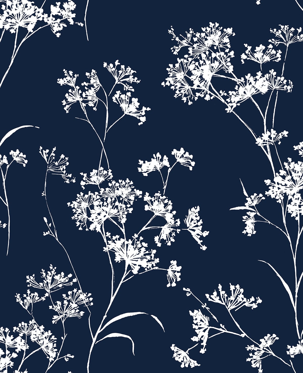 Floral Mist peel and stick wallpaper in Hampton Blue with white floral silhouette pattern