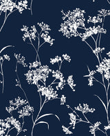 Floral Mist peel and stick wallpaper in Hampton Blue with white floral silhouette pattern
