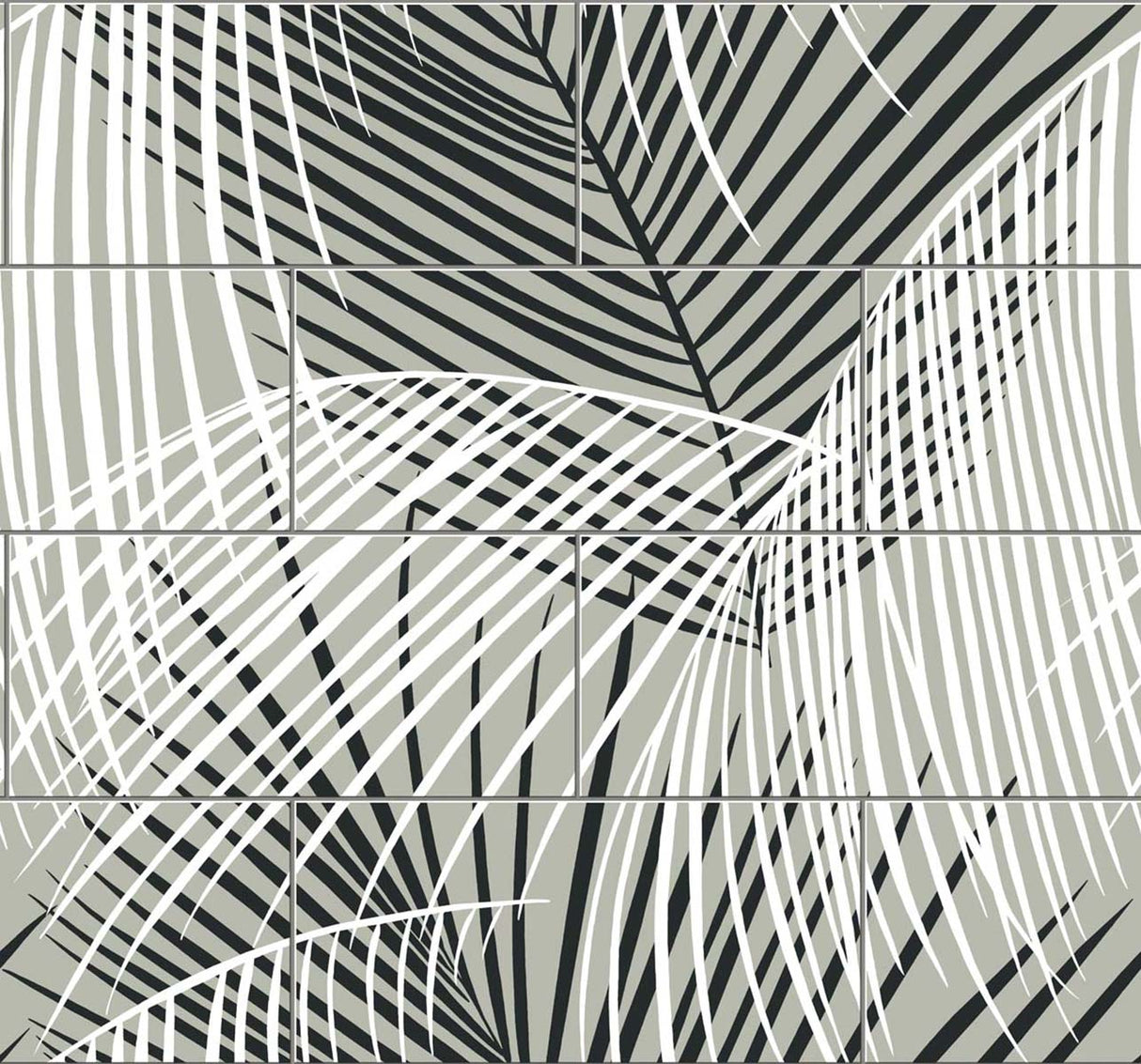 Palm Tile peel and stick wallpaper in Ebony & Fieldstone with layered palm fronds in a tiled grid.