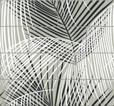 Palm Tile peel and stick wallpaper in Ebony & Fieldstone with layered palm fronds in a tiled grid.