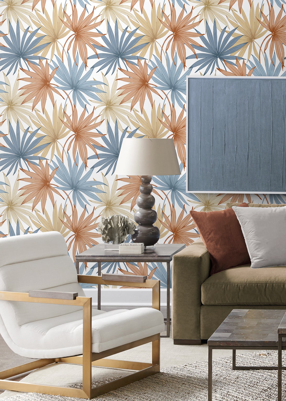 Tropic Palm Toss Charlotte Blue & Soft Melon by Lillian August Peel & Stick Botanical Wallpaper – Lillian August LN31001