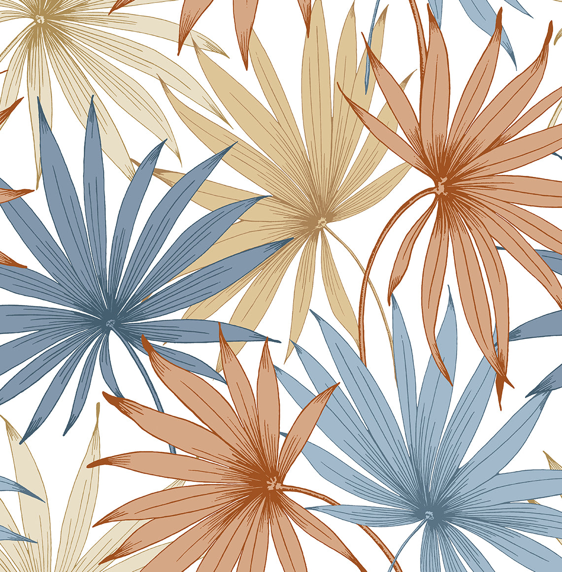 Tropic Palm Toss peel and stick wallpaper in Charlotte Blue & Soft Melon with layered palm fronds on a light ground