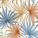 Tropic Palm Toss peel and stick wallpaper in Charlotte Blue & Soft Melon with layered palm fronds on a light ground