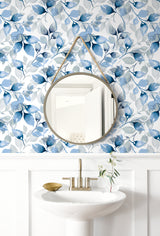 Watercolor Tossed Leaves Blue Lagoon by Lillian August Peel and Stick Botanical Wallpaper – Lillian August LN31102-Sample