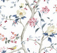 Sparrow Haven wallpaper pattern with flowering branches, birds, and berries in Riviera blue and berry tones