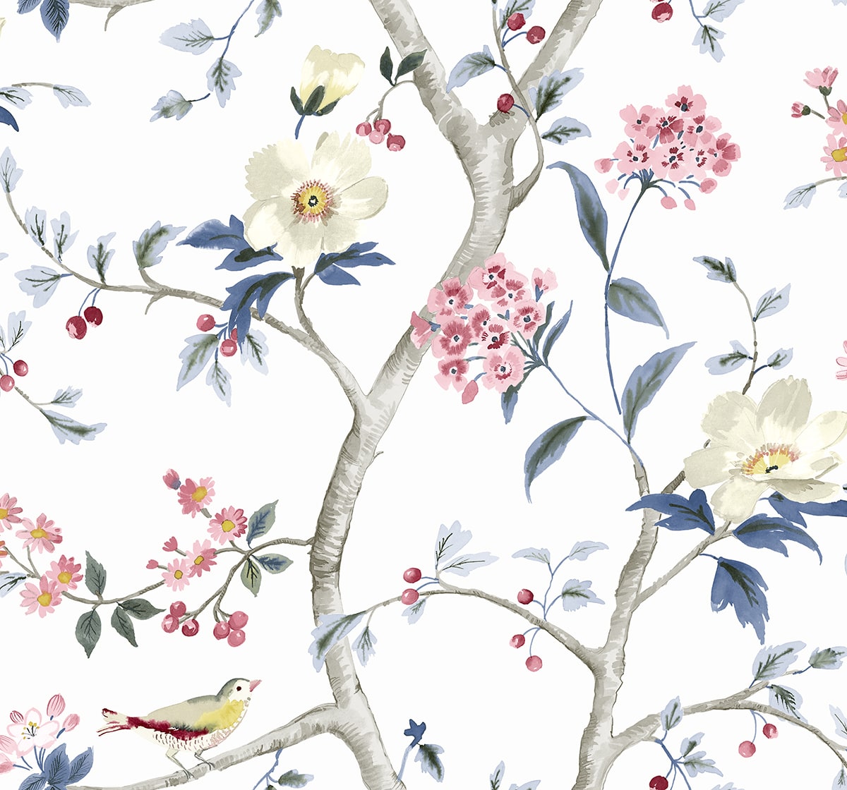 Sparrow Haven wallpaper pattern with flowering branches, birds, and berries in Riviera blue and berry tones