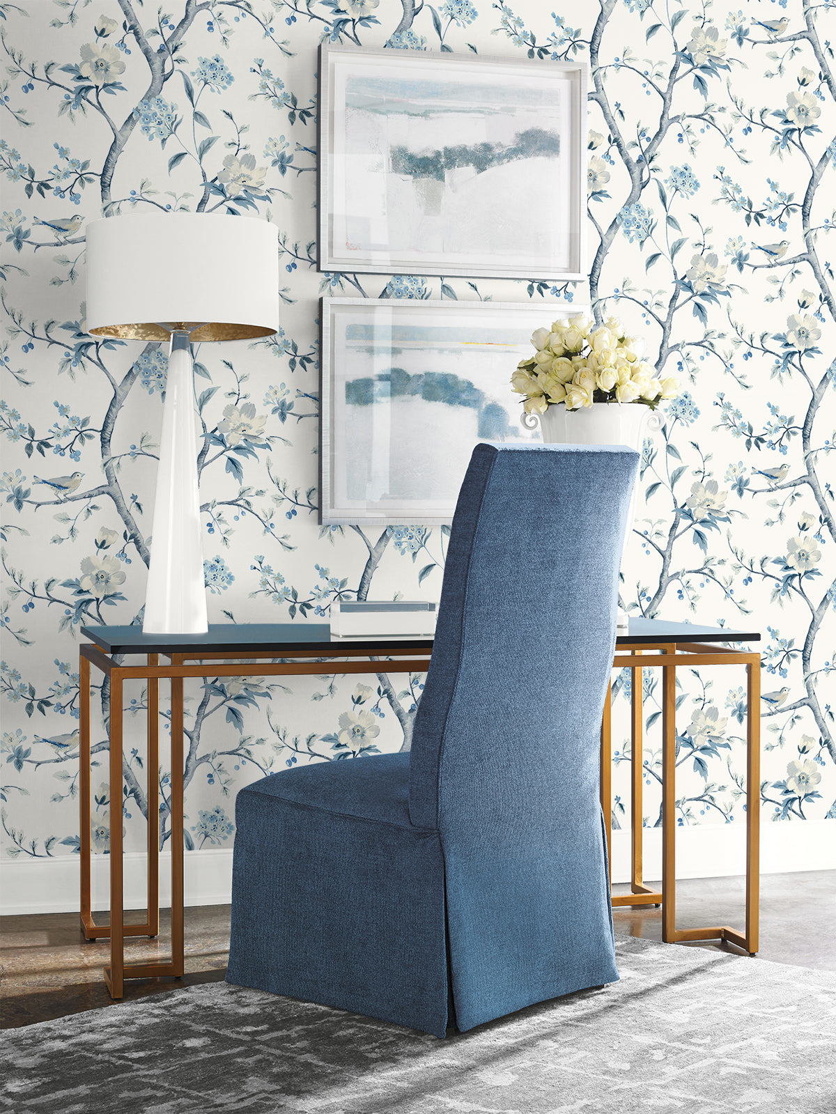 Sparrow Haven Breezy Blue by Coastal Haven Chinoiserie Floral Bird Wallpaper – Lillian August LN40002