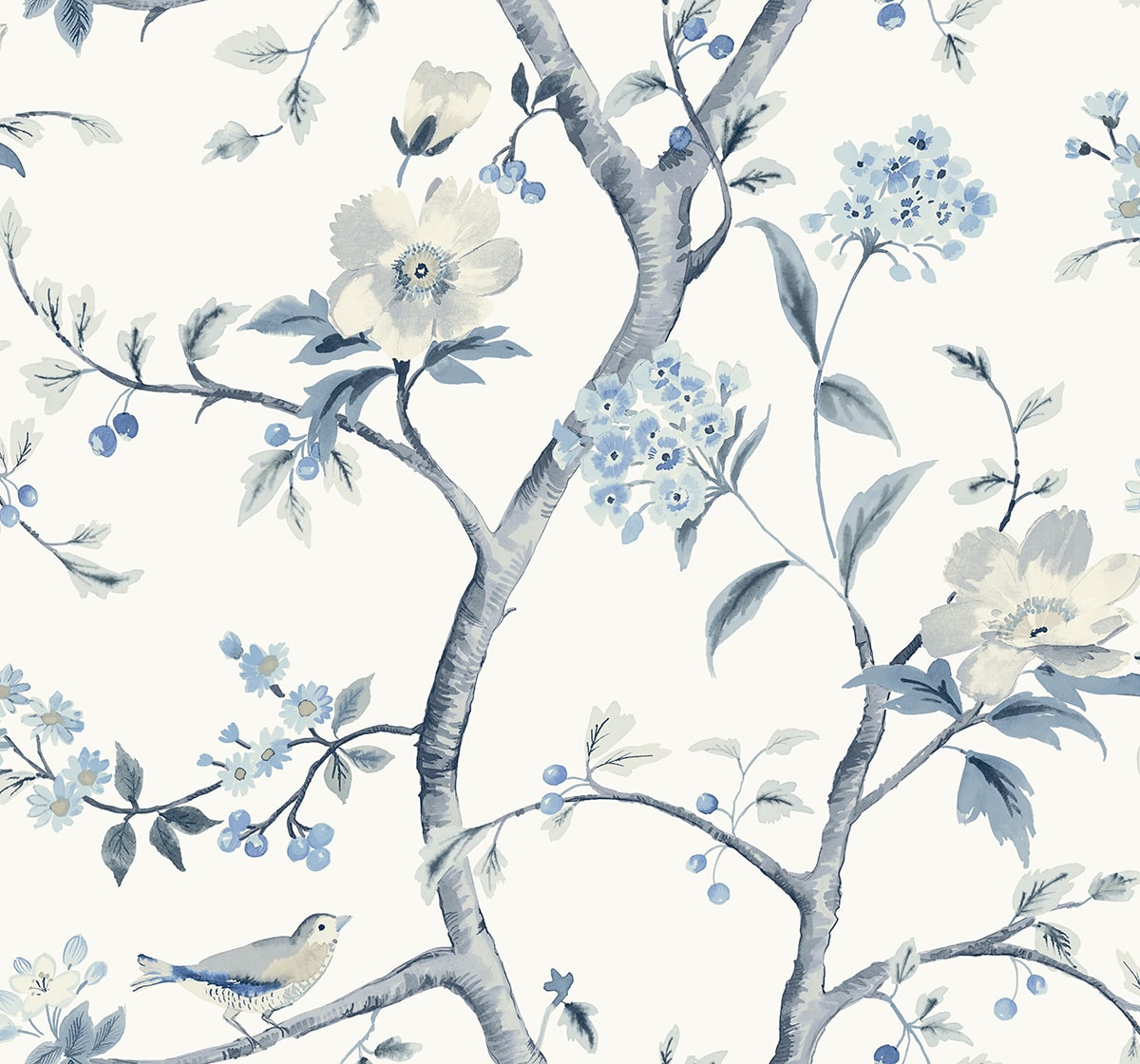Sparrow Haven wallpaper in Breezy Blue with chinoiserie branches, blossoms, and birds on a light ground