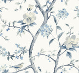 Sparrow Haven wallpaper in Breezy Blue with chinoiserie branches, blossoms, and birds on a light ground