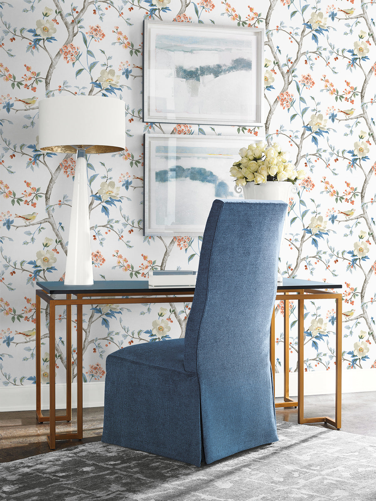 Sparrow Haven Melon & Carolina Blue by Coastal Haven Chinoiserie Floral Bird Wallpaper – Lillian August LN40006