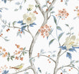 Chinoiserie-style wallpaper with flowering branches and sparrows in soft melon and Carolina blue on a light ground