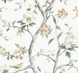 Sparrow Haven wallpaper pattern with delicate tree branches, white blossoms, and small birds in soft green and warm tan tones.