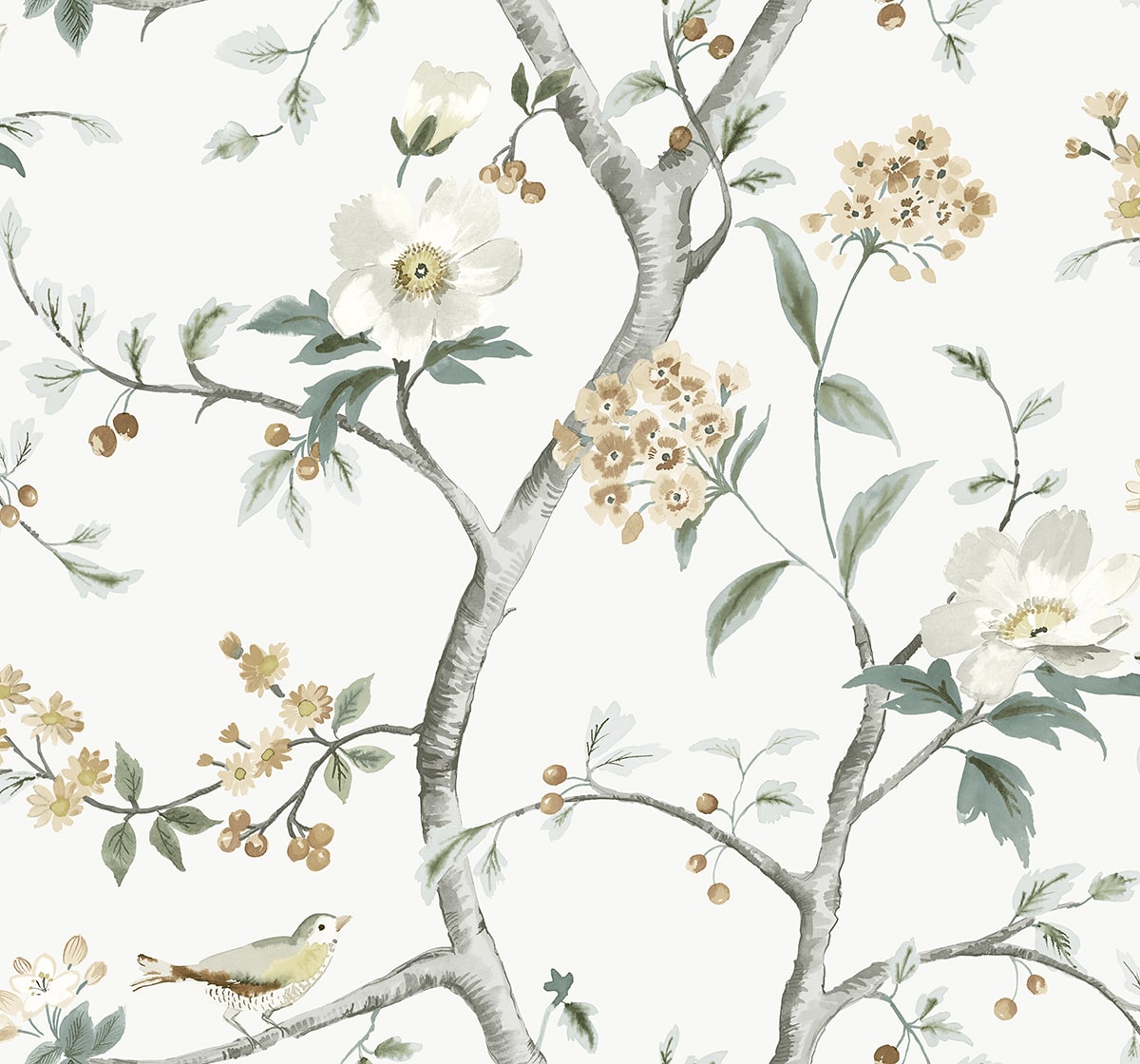 Sparrow Haven wallpaper pattern with delicate tree branches, white blossoms, and small birds in soft green and warm tan tones.