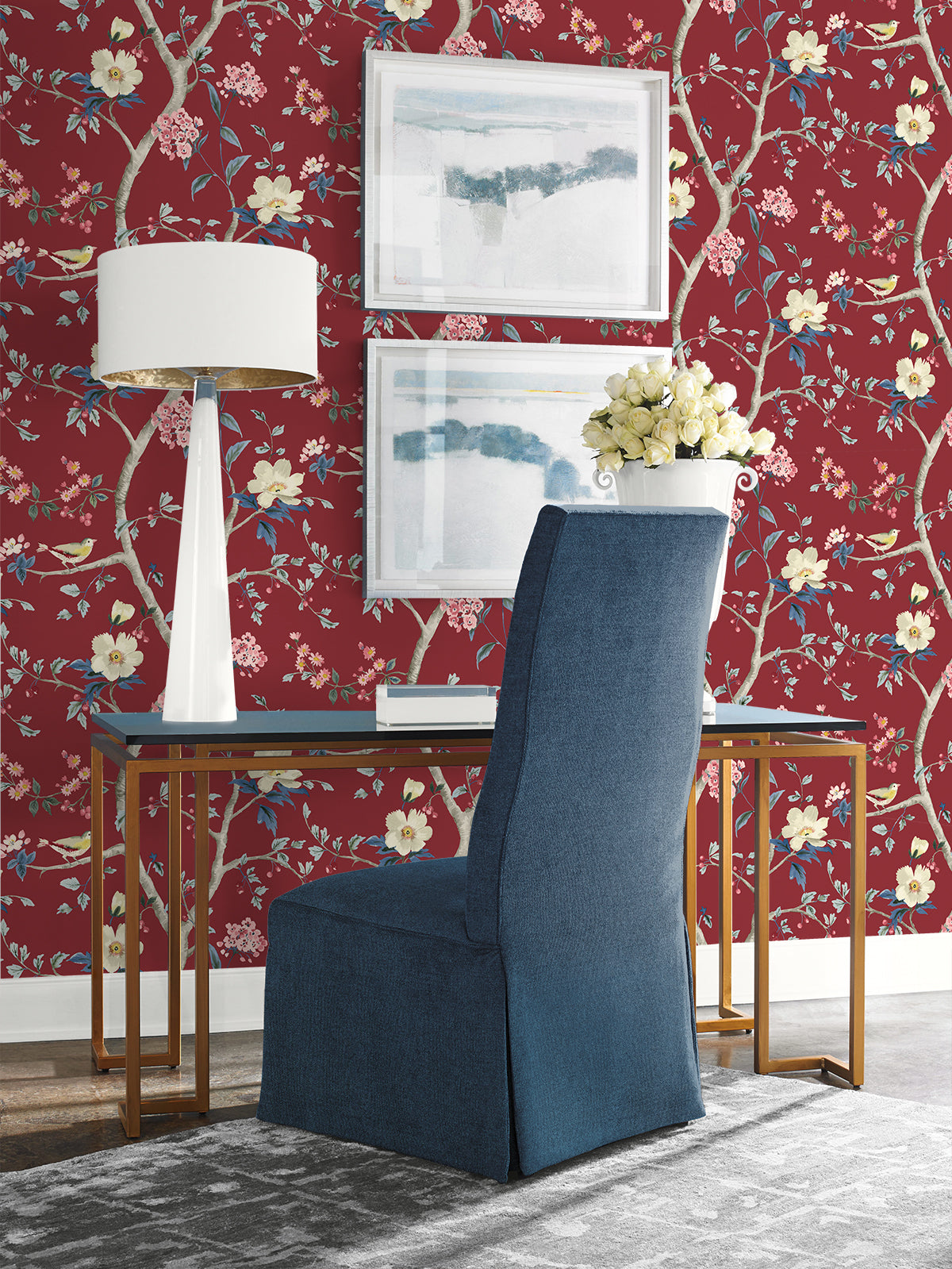 Sparrow Haven Crimson by Coastal Haven Chinoiserie Wallpaper – Lillian August LN40011