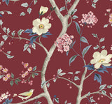 Sparrow Haven in Crimson chinoiserie floral and bird wallpaper pattern by Lillian August