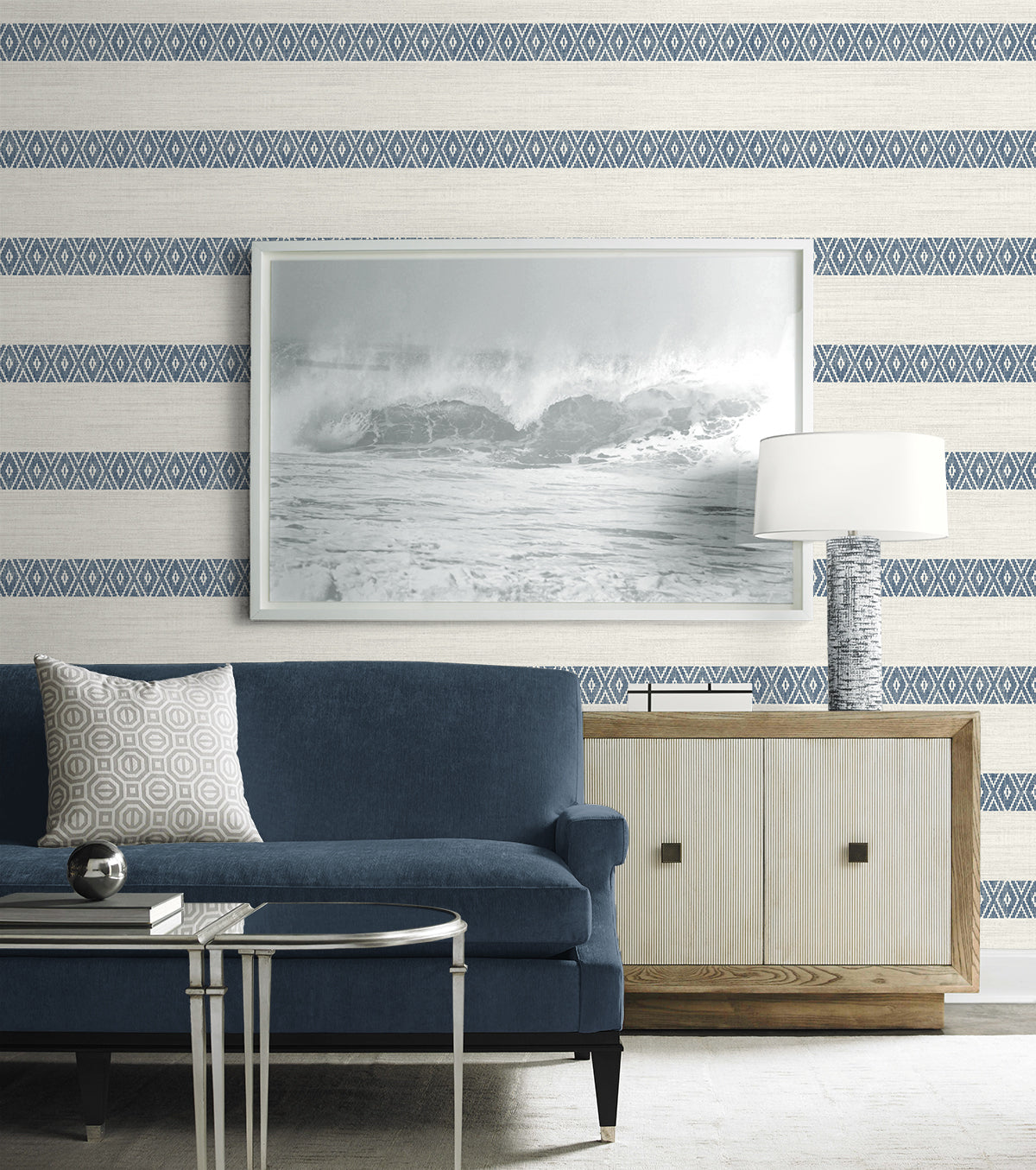 Alani Geo Stripe Nautical Blue by Coastal Haven Geometric Stripe Wallpaper – Lillian August LN40112