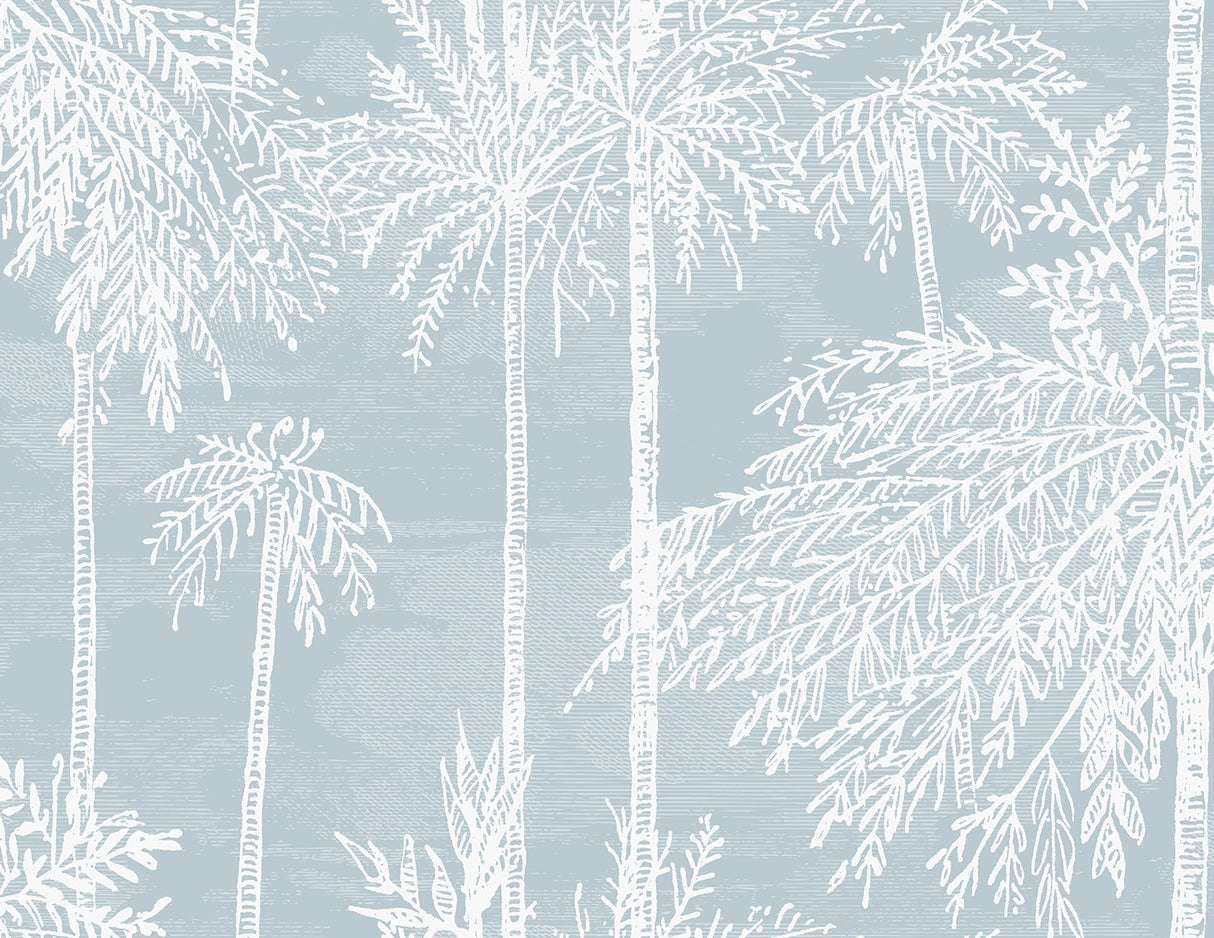 Palm Grove wallpaper in Hampton Blue featuring white palm tree silhouettes