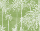 Palm Grove wallpaper in Summer Fern green with white palm trees and fronds in a coastal botanical layout.