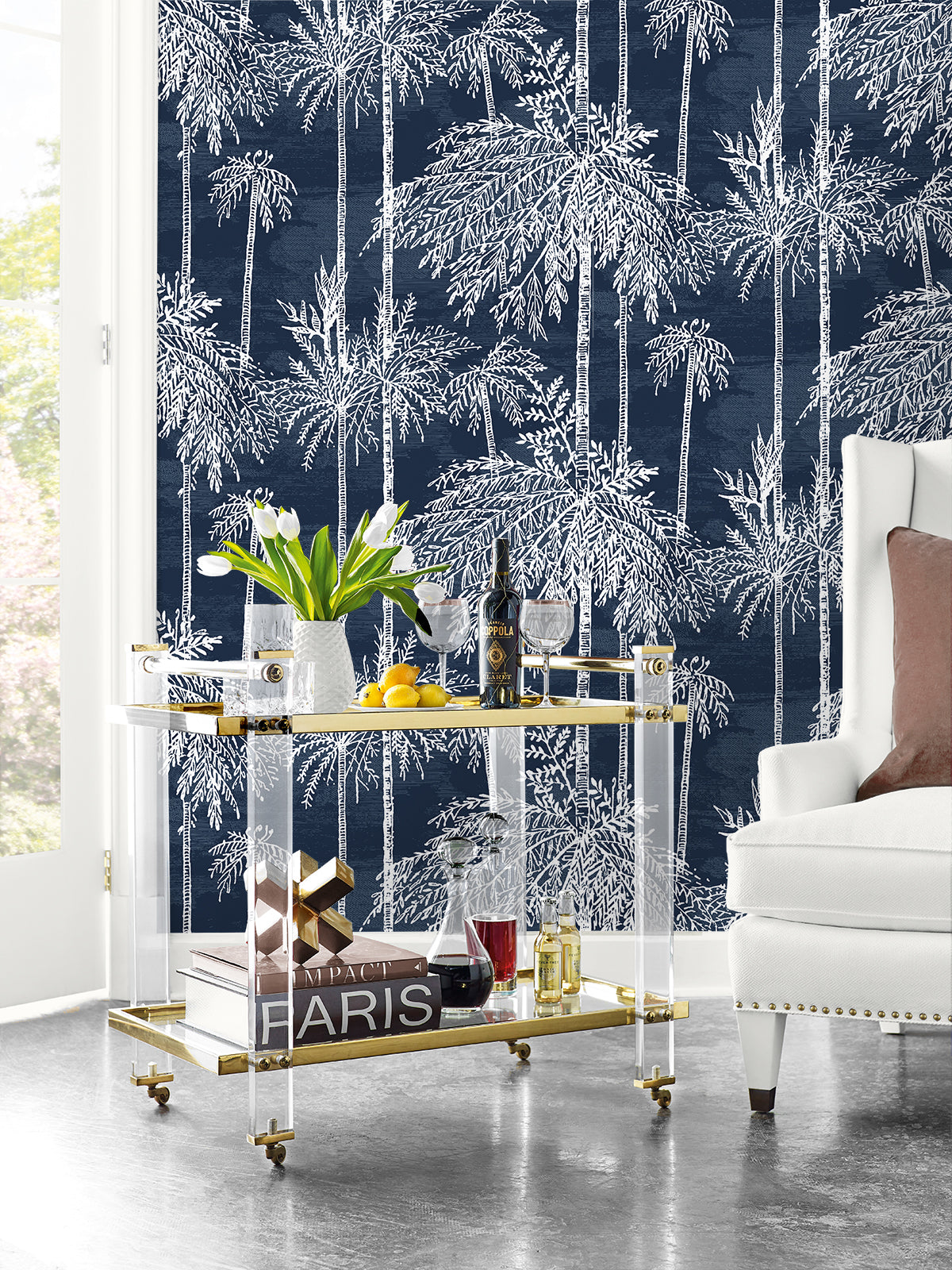 Palm Grove Midnight Sky by Coastal Haven Type II Vinyl Botanical Sidewall Wallpaper – Lillian August LN40212 -Sample