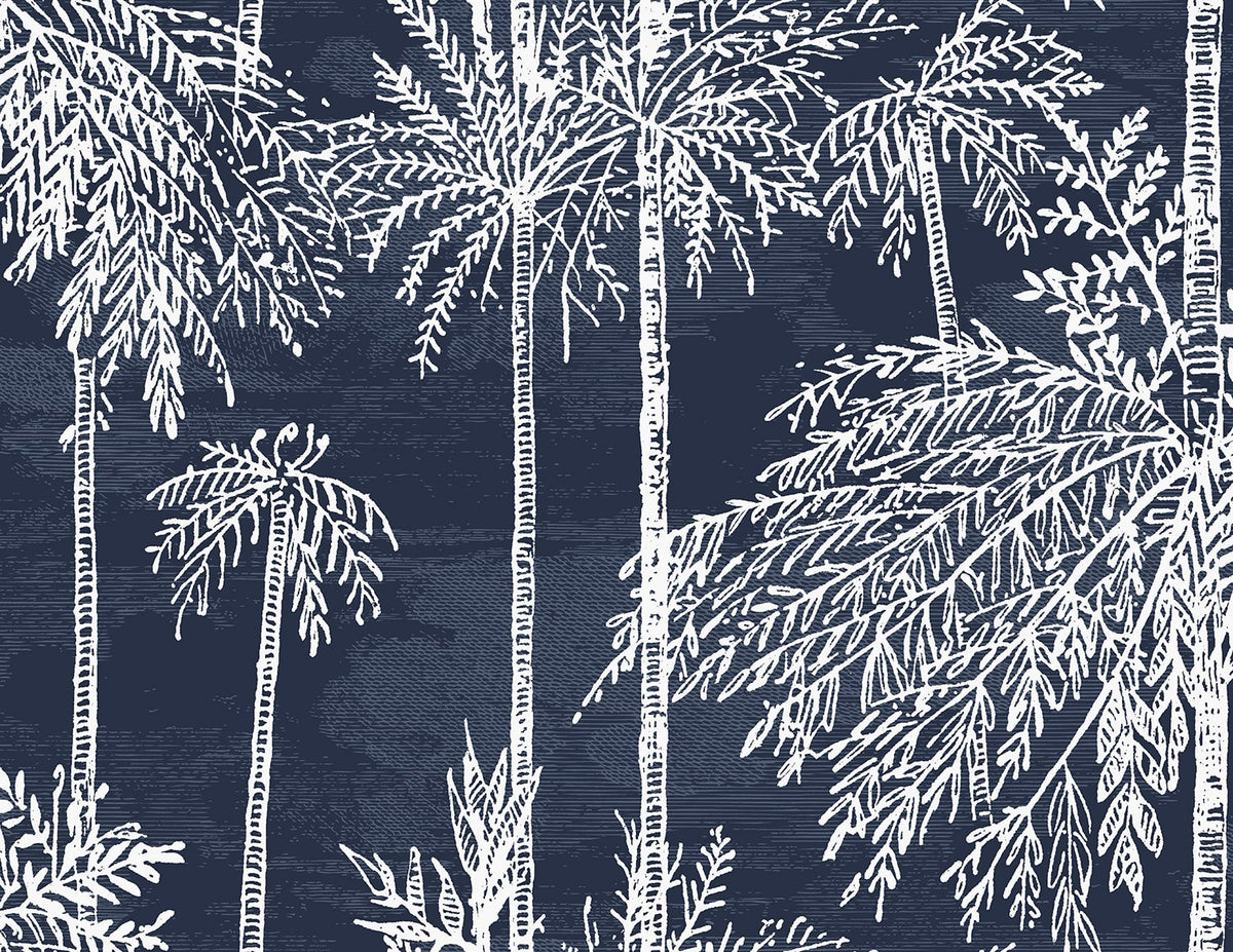 Palm Grove Midnight Sky by Coastal Haven Type II Vinyl Botanical Sidewall Wallpaper – Lillian August LN40212 -Sample