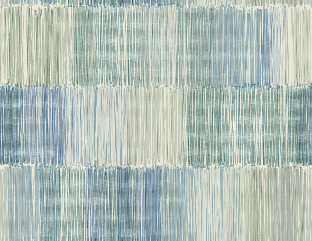 Arielle Abstract Stripe wallpaper in the Lakeside colorway with painterly horizontal stripe blocks in blue and soft green.