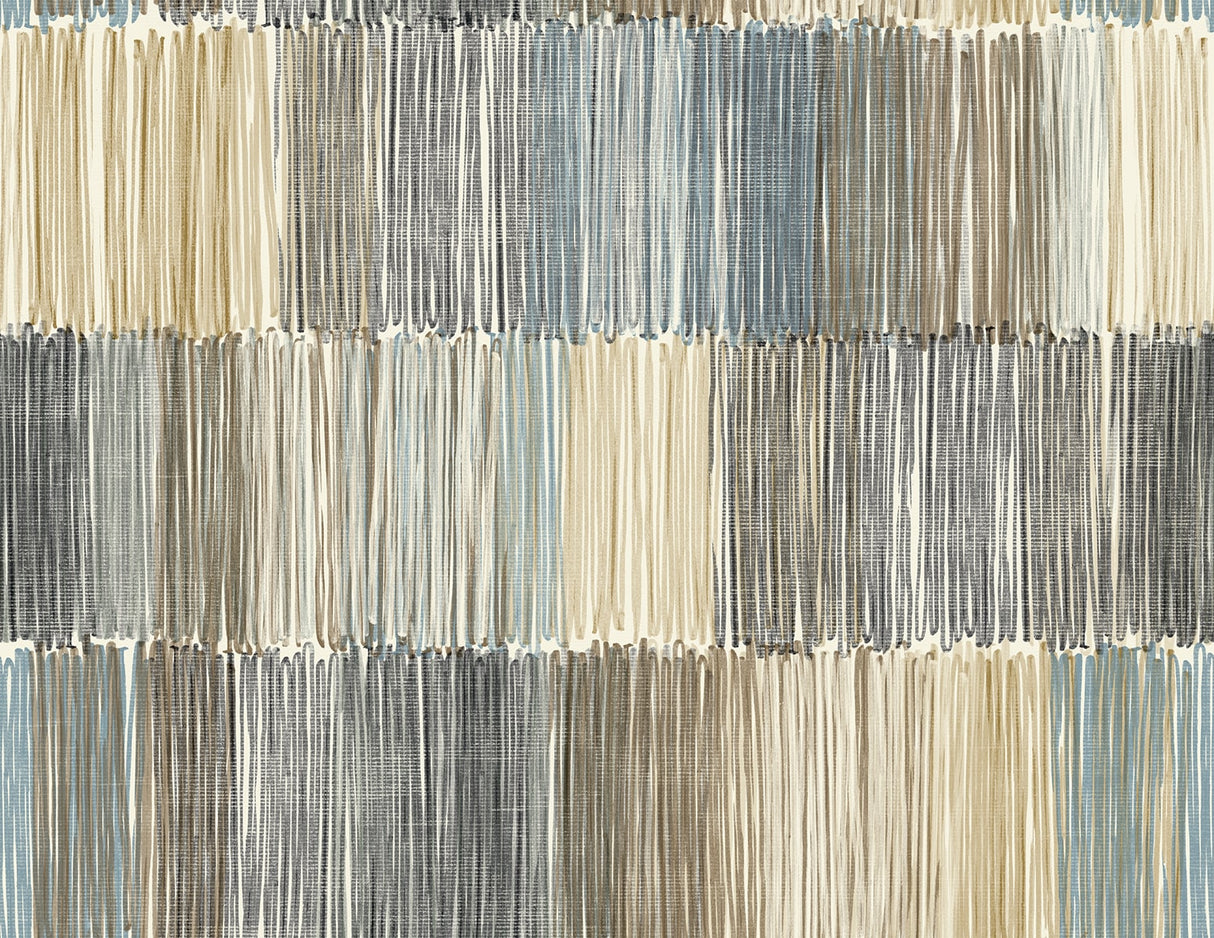 Arielle Abstract Stripe wallpaper in Cabana with painterly vertical stripes in blue, gray, tan and cream blocks