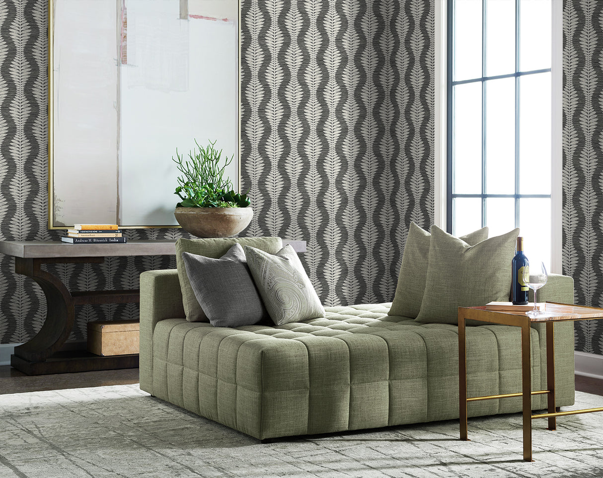 Carina Leaf Ogee Charcoal by Lillian August Botanical Ogee Vinyl Wallpaper – Lillian August LN40500