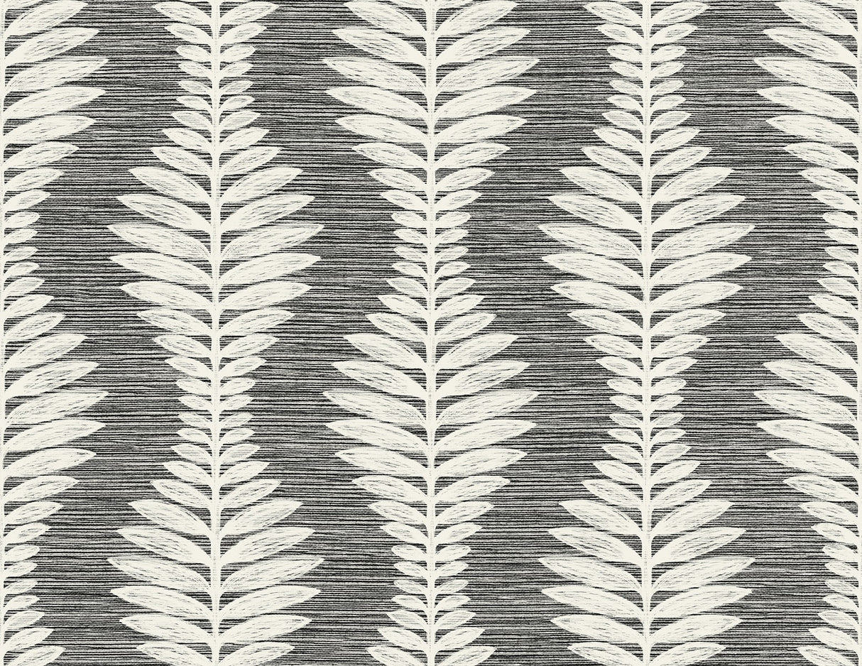 Carina Leaf Ogee charcoal botanical ogee vinyl wallpaper with white leaf motifs