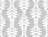 Carina Leaf Ogee wallpaper in Morning Fog featuring a grey textured ground with a white leaf ogee pattern.