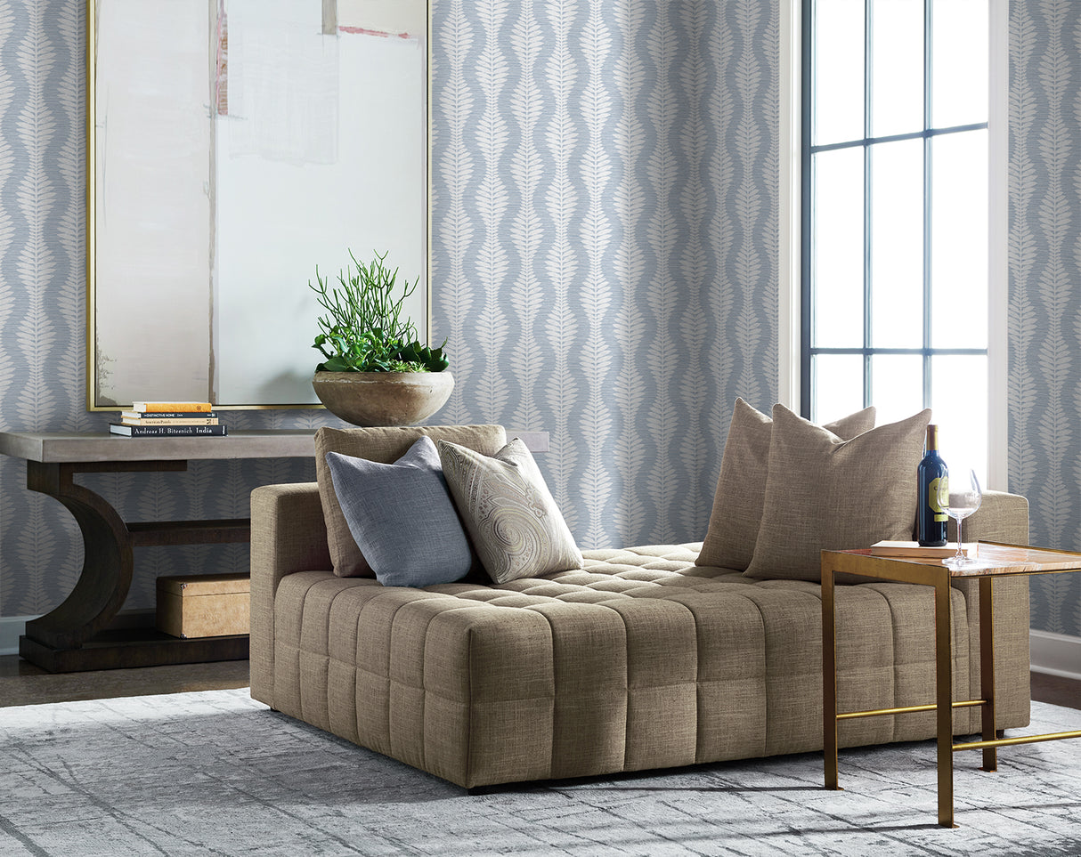 Carina Leaf Ogee Charlotte Blue by Coastal Haven Botanical Ogee Wallpaper – Lillian August LN40512