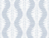 Carina Leaf Ogee wallpaper in Charlotte Blue with a white leaf ogee pattern on a blue ground.